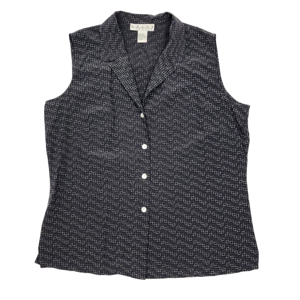 Grace Chemise Silk Blouse Black Grey Sleeveless Button-Up Top Size L